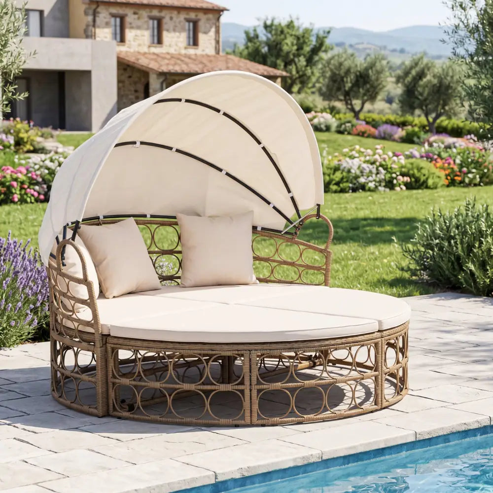 Outdoor Patio Daybed with Retractable Canopy and Cushions Yellow Wicker Rattan Furniture Set-White - White - Outdoor