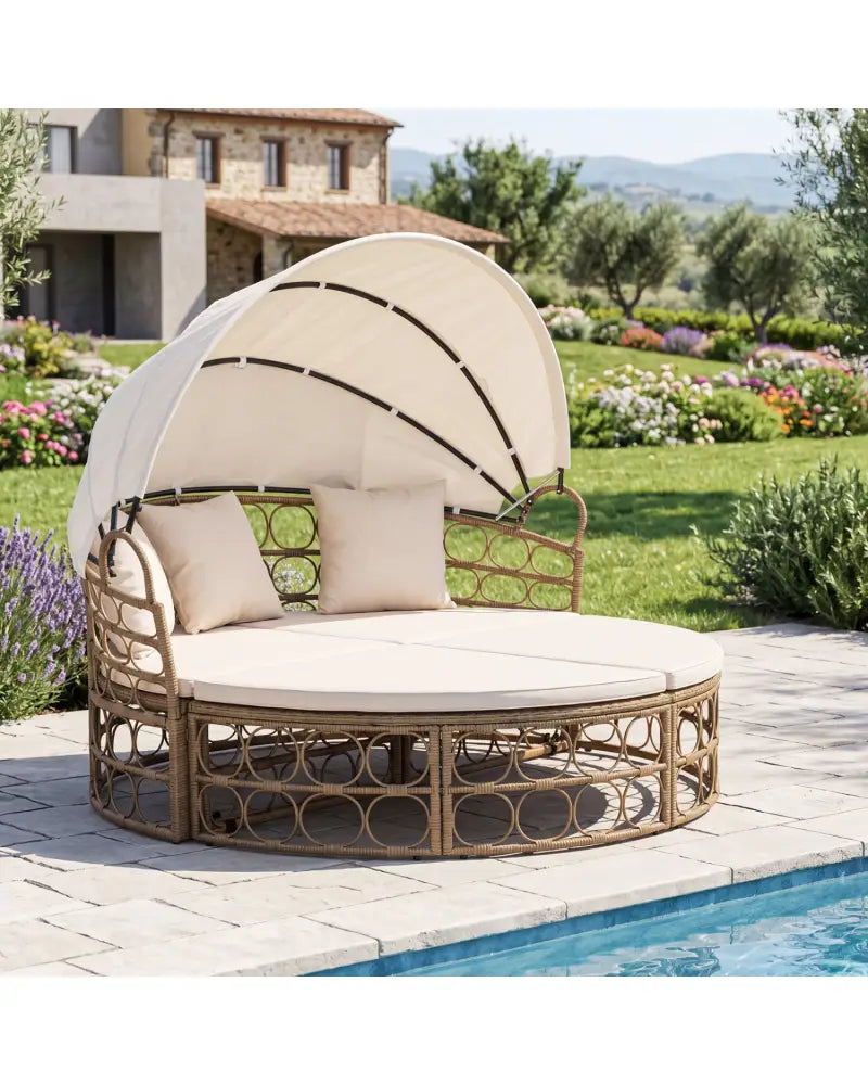 Outdoor Patio Daybed with Retractable Canopy and Cushions Yellow Wicker Rattan Furniture Set-White - White - Outdoor