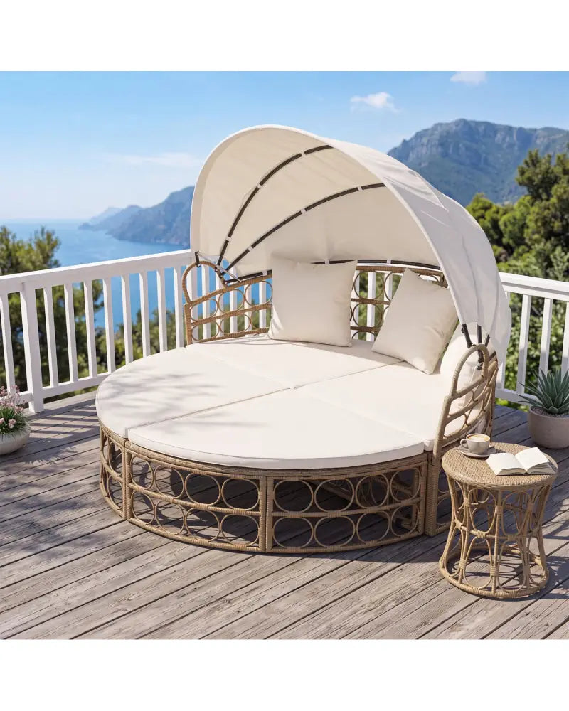 Outdoor Patio Daybed with Retractable Canopy and Cushions Yellow Wicker Rattan Furniture Set-White - White - Outdoor