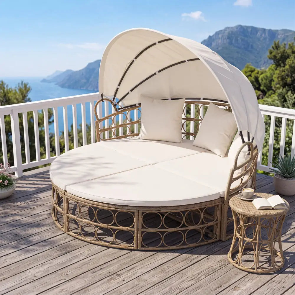 Outdoor Patio Daybed with Retractable Canopy and Cushions Yellow Wicker Rattan Furniture Set-White - White - Outdoor