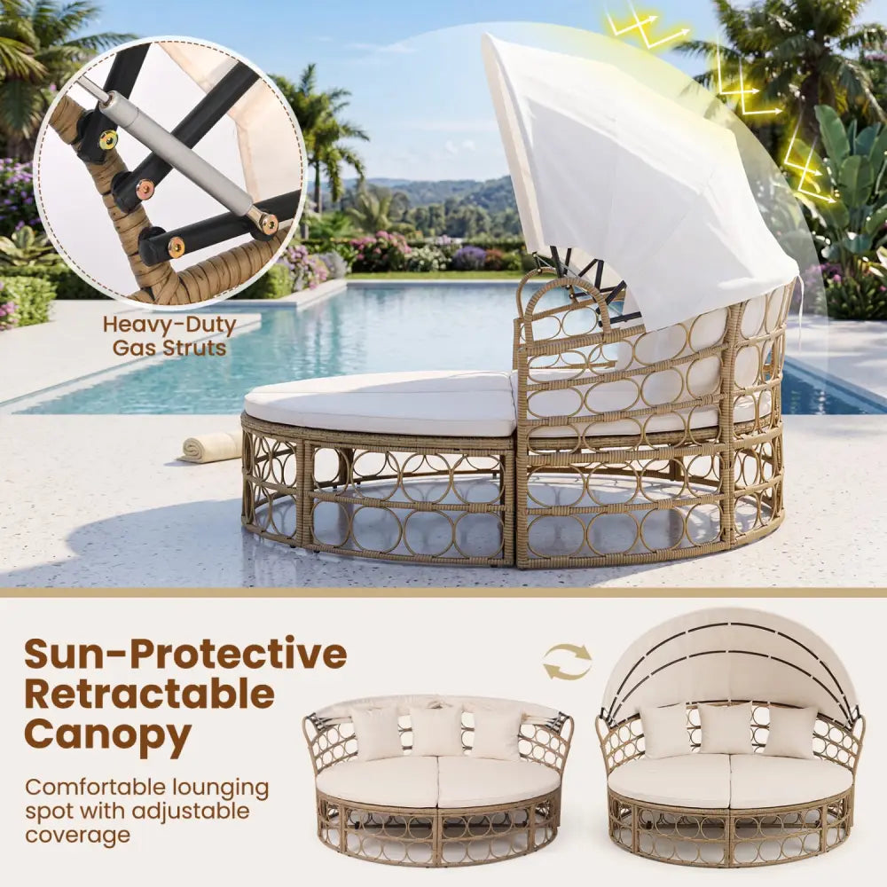 Outdoor Patio Daybed with Retractable Canopy and Cushions Yellow Wicker Rattan Furniture Set-White - White - Outdoor