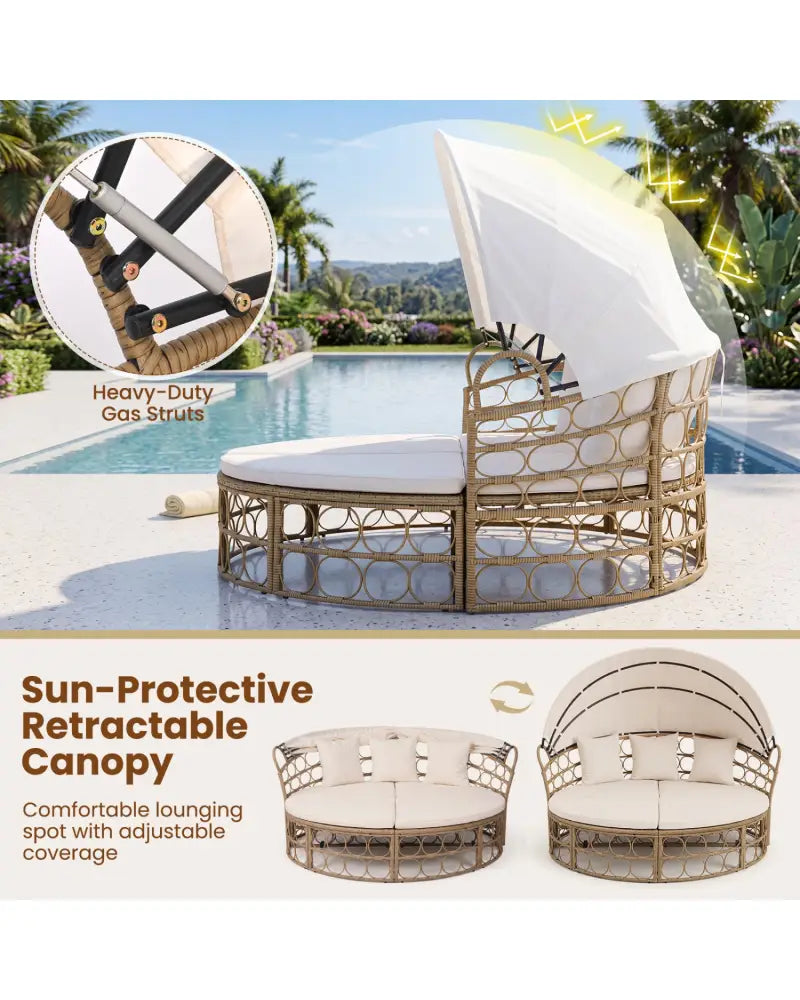Outdoor Patio Daybed with Retractable Canopy and Cushions Yellow Wicker Rattan Furniture Set-White - White - Outdoor