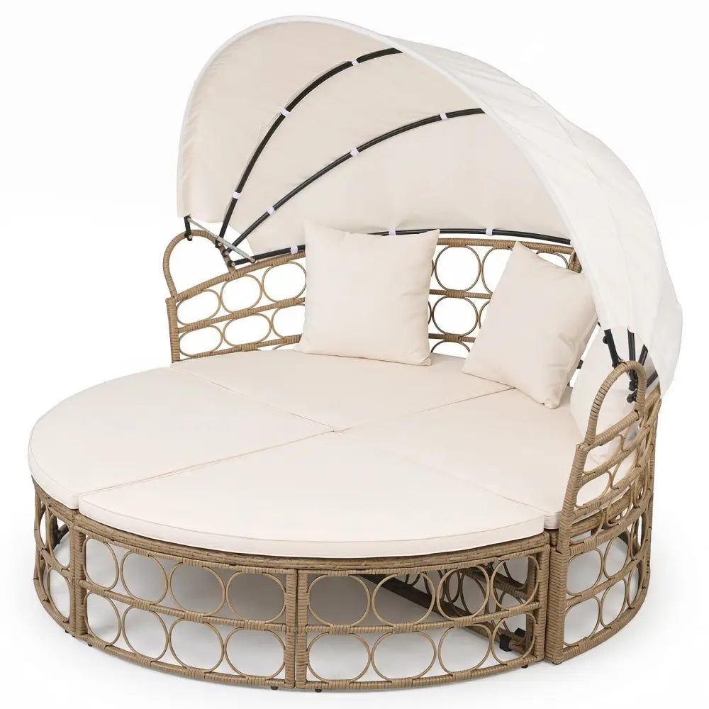 Outdoor Patio Daybed with Retractable Canopy and Cushions Yellow Wicker Rattan Furniture Set-White - White - Outdoor