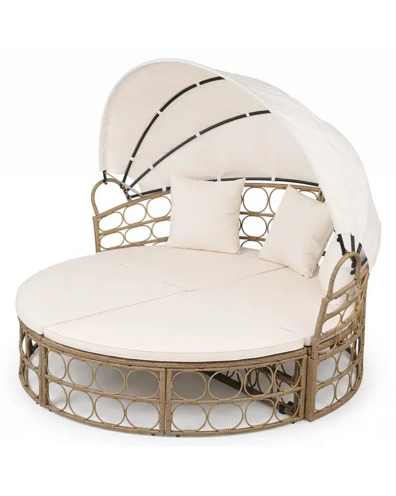 Outdoor Patio Daybed with Retractable Canopy and Cushions Yellow Wicker Rattan Furniture Set-White - White - Outdoor