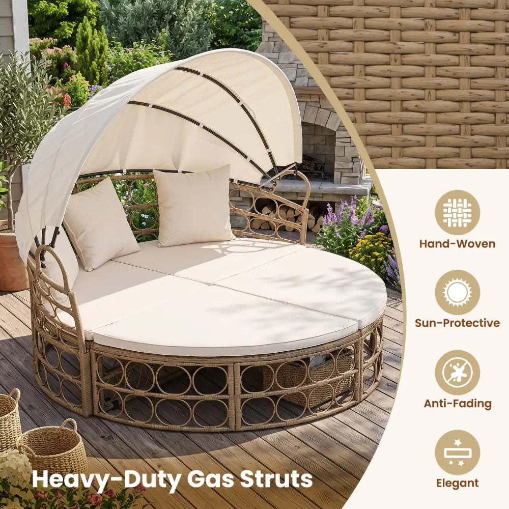 Outdoor Patio Daybed with Retractable Canopy and Cushions Yellow Wicker Rattan Furniture Set-White - White - Outdoor