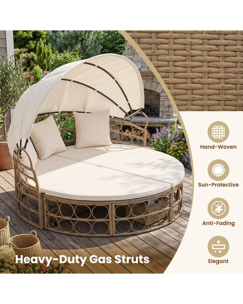Outdoor Patio Daybed with Retractable Canopy and Cushions Yellow Wicker Rattan Furniture Set-White - White - Outdoor