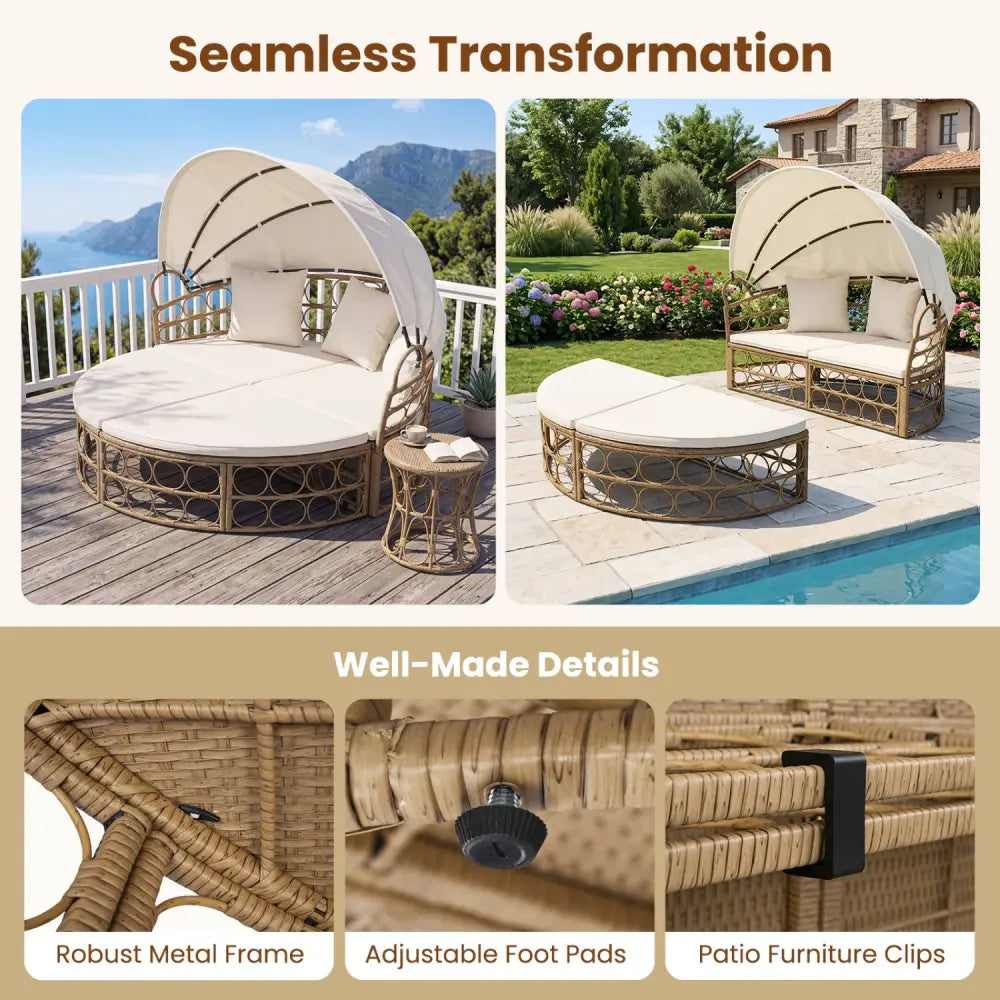 Outdoor Patio Daybed with Retractable Canopy and Cushions Yellow Wicker Rattan Furniture Set-White - White - Outdoor