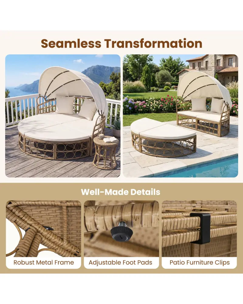 Outdoor Patio Daybed with Retractable Canopy and Cushions Yellow Wicker Rattan Furniture Set-White - White - Outdoor