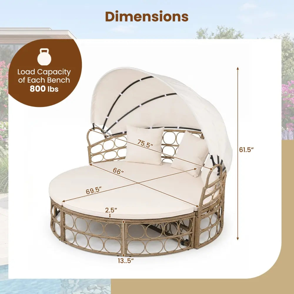 Outdoor Patio Daybed with Retractable Canopy and Cushions Yellow Wicker Rattan Furniture Set-White - White - Outdoor