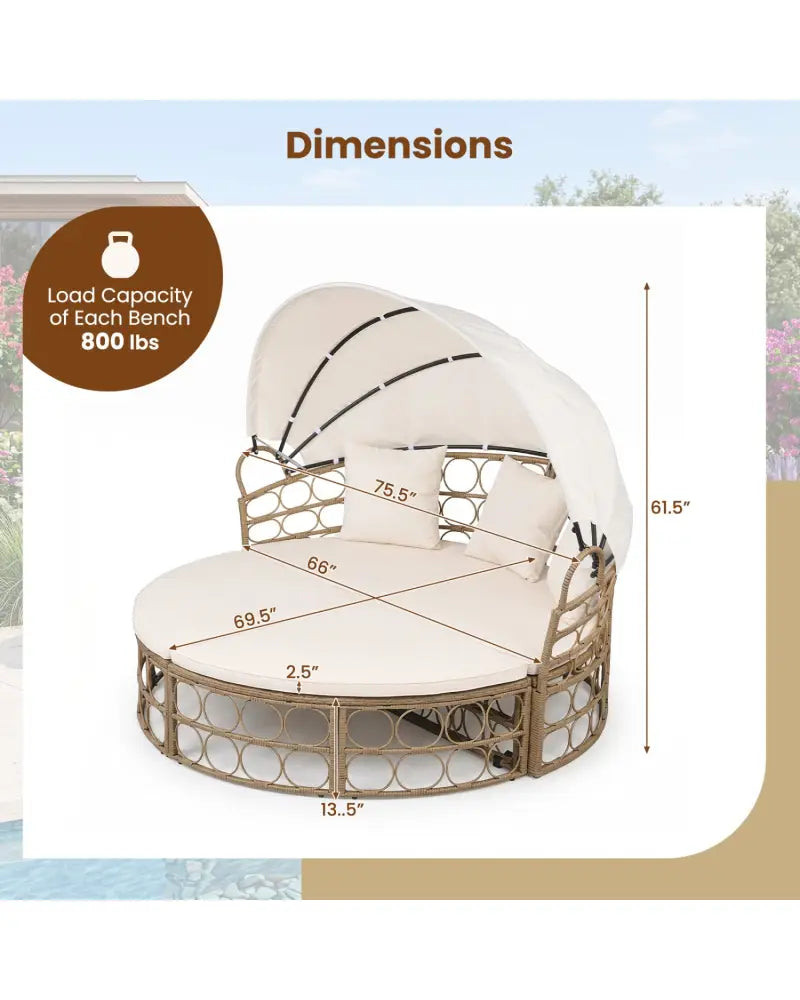 Outdoor Patio Daybed with Retractable Canopy and Cushions Yellow Wicker Rattan Furniture Set-White - White - Outdoor
