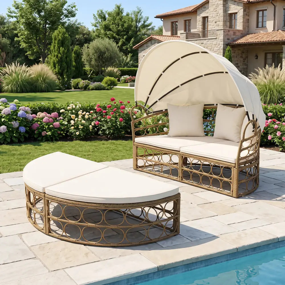 Outdoor Patio Daybed with Retractable Canopy and Cushions Yellow Wicker Rattan Furniture Set-White - White - Outdoor
