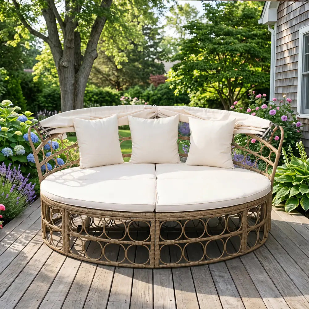 Outdoor Patio Daybed with Retractable Canopy and Cushions Yellow Wicker Rattan Furniture Set-White - White - Outdoor
