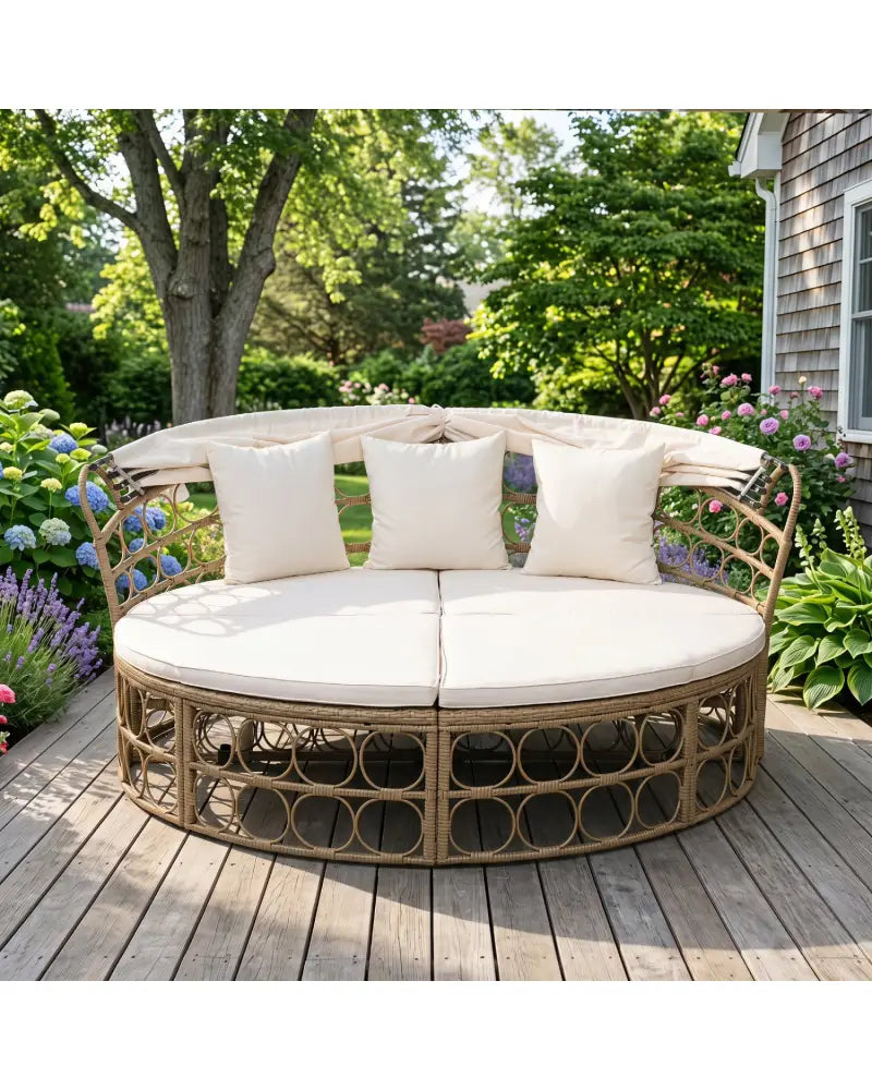 Outdoor Patio Daybed with Retractable Canopy and Cushions Yellow Wicker Rattan Furniture Set-White - White - Outdoor
