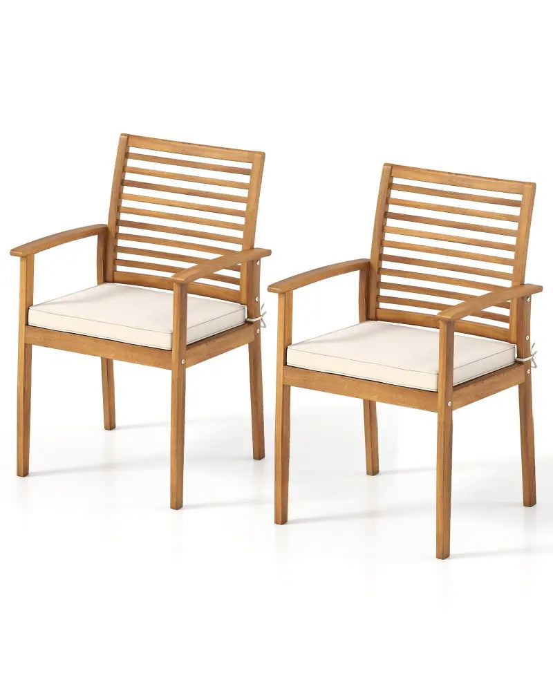 Outdoor Patio Dining Chairs Set of 2 with Removable Padded Cushion and Slatted Backrest-Beige - Beige - Patio Dining