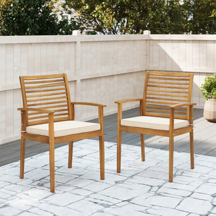 Outdoor Patio Dining Chairs Set of 2 with Removable Padded Cushion and Slatted Backrest-Beige - Beige - Patio Dining