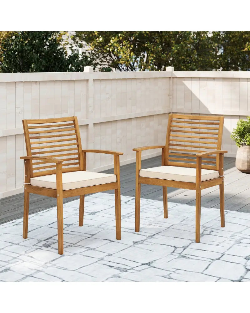 Outdoor Patio Dining Chairs Set of 2 with Removable Padded Cushion and Slatted Backrest-Beige - Beige - Patio Dining