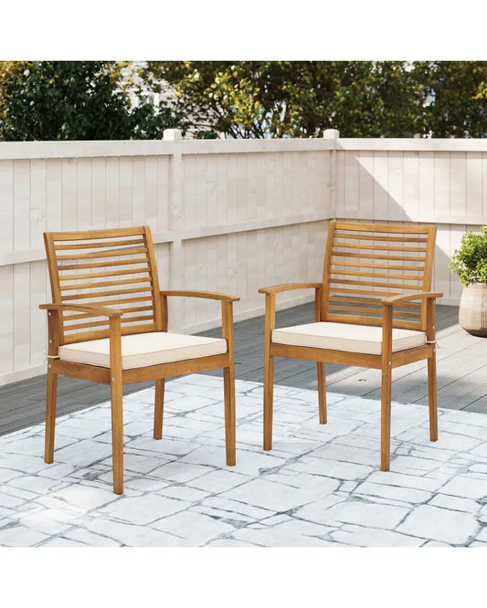 Outdoor Patio Dining Chairs Set of 2 with Removable Padded Cushion and Slatted Backrest-Beige - Beige - Patio Dining