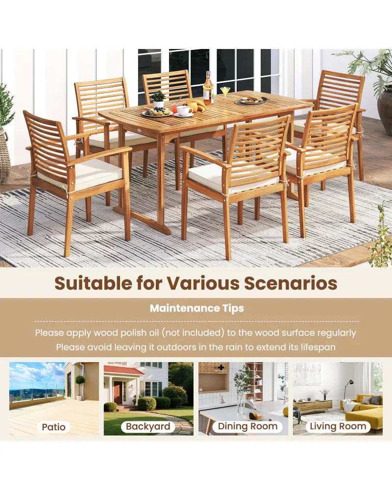 Outdoor Patio Dining Chairs Set of 2 with Removable Padded Cushion and Slatted Backrest-Beige - Beige - Patio Dining