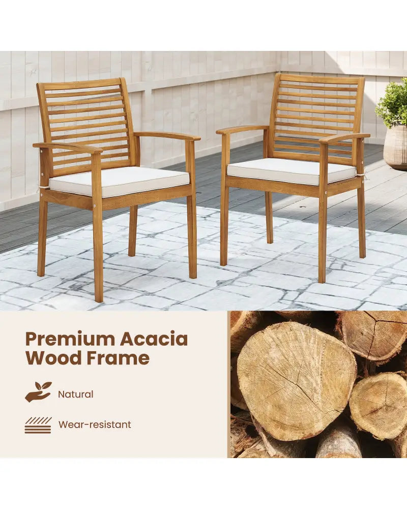 Outdoor Patio Dining Chairs Set of 2 with Removable Padded Cushion and Slatted Backrest-Beige - Beige - Patio Dining