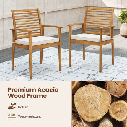 Outdoor Patio Dining Chairs Set of 2 with Removable Padded Cushion and Slatted Backrest-Beige - Beige - Patio Dining