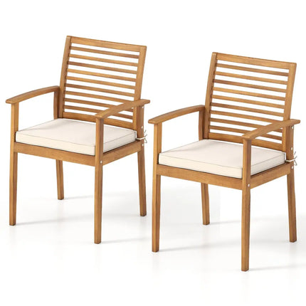 Outdoor Patio Dining Chairs Set of 2 with Removable Padded Cushion and Slatted Backrest-Beige - Beige - Patio Dining