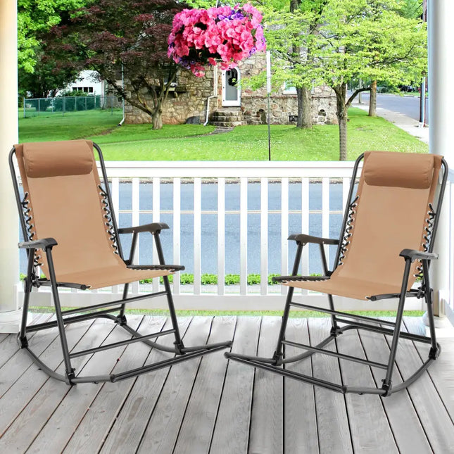 Outdoor Patio Headrest Folding Zero Gravity Rocking Chair-Beige - Beige - Patio Rocking Chairs & Gliders
