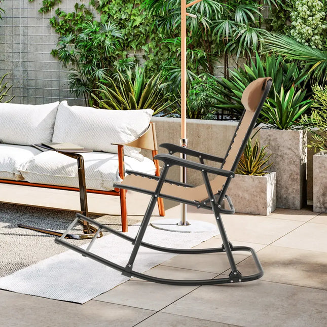 Outdoor Patio Headrest Folding Zero Gravity Rocking Chair-Beige - Beige - Patio Rocking Chairs & Gliders
