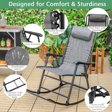 Outdoor Patio Headrest Folding Zero Gravity Rocking Chair-Gray - Gray - Patio Rocking Chairs & Gliders