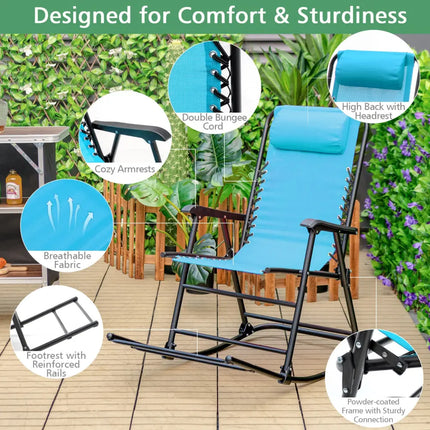Outdoor Patio Headrest Folding Zero Gravity Rocking Chair-Turquoise - Turquoise - Patio Rocking Chairs & Gliders