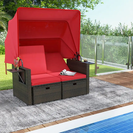 Outdoor Patio Rattan Daybed with Retractable Canopy and Adjustable Backrests-Red - Red - Outdoor Sectionals