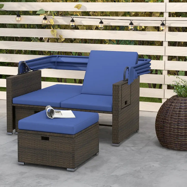 Outdoor Patio Rattan Daybed with Retractable Canopy and Adjustable Backrests-Navy - Navy - Outdoor Sectionals