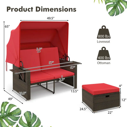 Outdoor Patio Rattan Daybed with Retractable Canopy and Adjustable Backrests-Red - Red - Outdoor Sectionals
