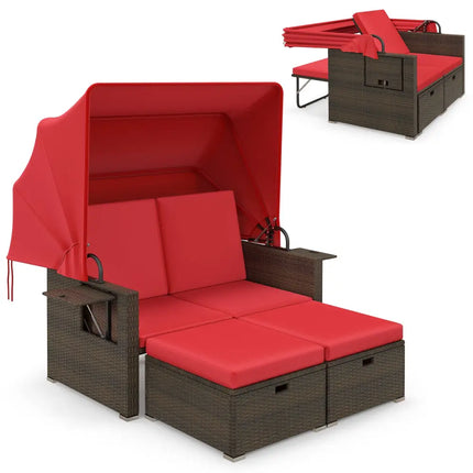 Outdoor Patio Rattan Daybed with Retractable Canopy and Adjustable Backrests-Red - Red - Outdoor Sectionals