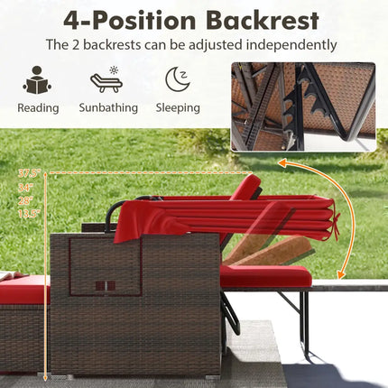 Outdoor Patio Rattan Daybed with Retractable Canopy and Adjustable Backrests-Red - Red - Outdoor Sectionals