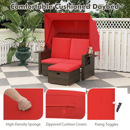 Outdoor Patio Rattan Daybed with Retractable Canopy and Adjustable Backrests-Red - Red - Outdoor Sectionals