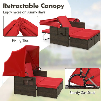 Outdoor Patio Rattan Daybed with Retractable Canopy and Adjustable Backrests-Red - Red - Outdoor Sectionals