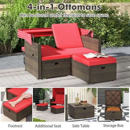 Outdoor Patio Rattan Daybed with Retractable Canopy and Adjustable Backrests-Red - Red - Outdoor Sectionals