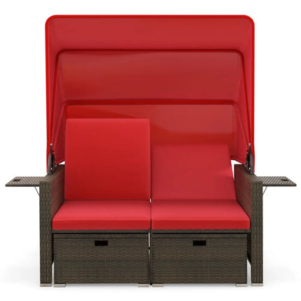 Outdoor Patio Rattan Daybed with Retractable Canopy and Adjustable Backrests-Red - Red - Outdoor Sectionals