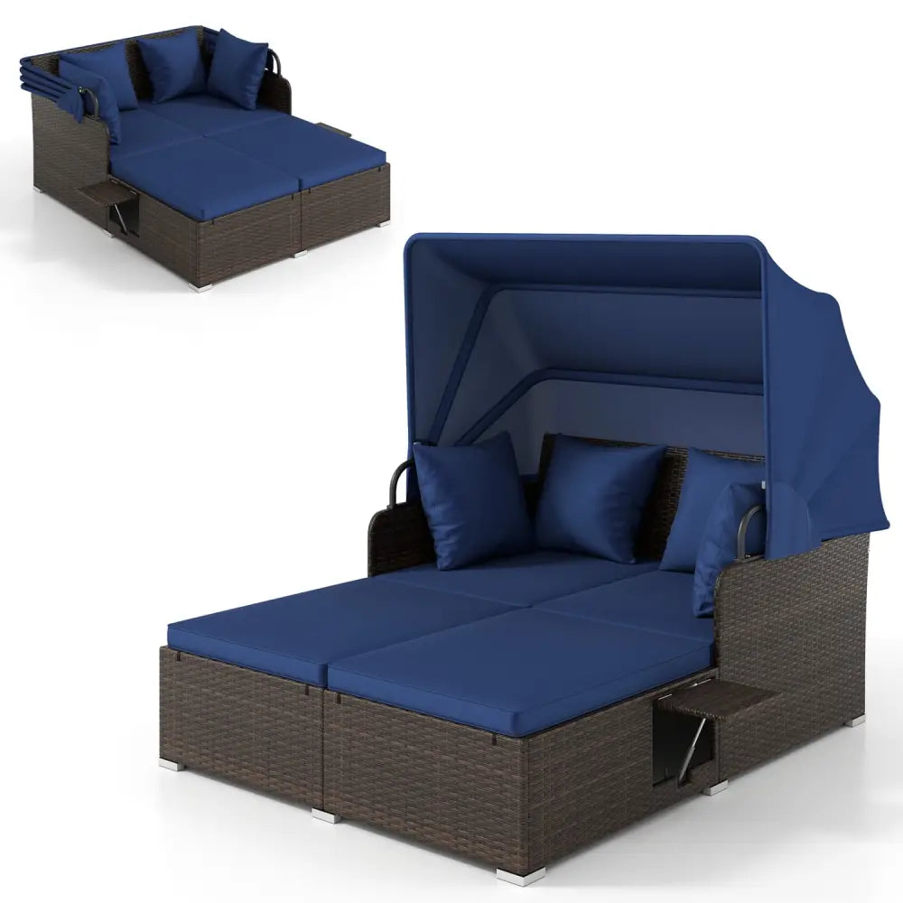 Outdoor Patio Rattan Daybed with Retractable Canopy and Side Tables-Navy - Navy - Outdoor Sectionals