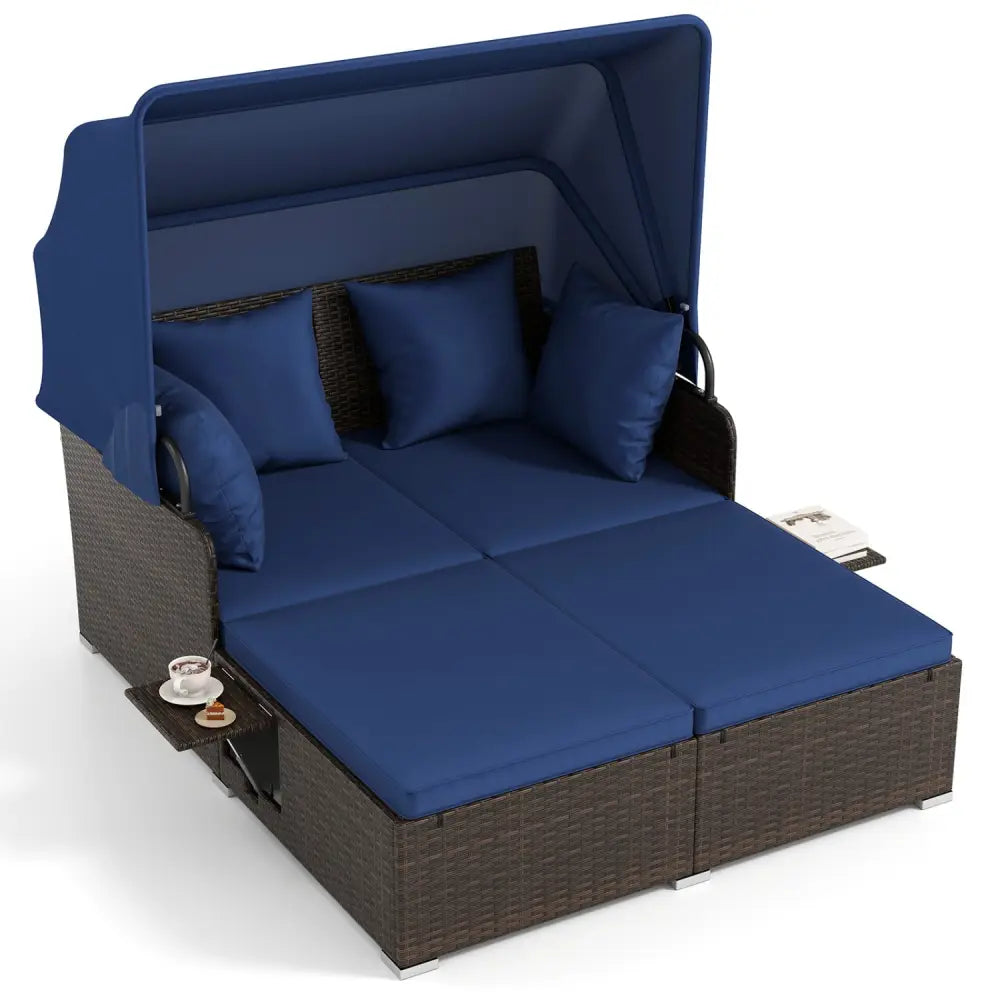 Outdoor Patio Rattan Daybed with Retractable Canopy and Side Tables-Navy - Navy - Outdoor Sectionals