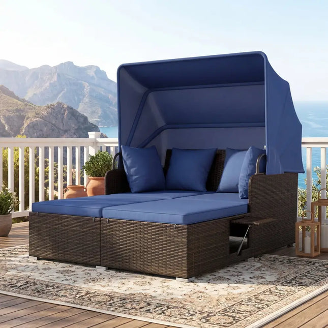Outdoor Patio Rattan Daybed with Retractable Canopy and Side Tables-Navy - Navy - Outdoor Sectionals
