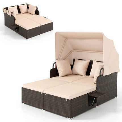 Outdoor Patio Rattan Daybed with Retractable Canopy and Side Tables-Beige - Beige - Outdoor Sectionals