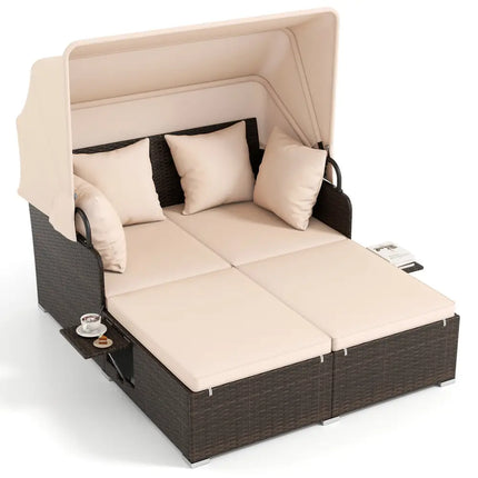 Outdoor Patio Rattan Daybed with Retractable Canopy and Side Tables-Beige - Beige - Outdoor Sectionals