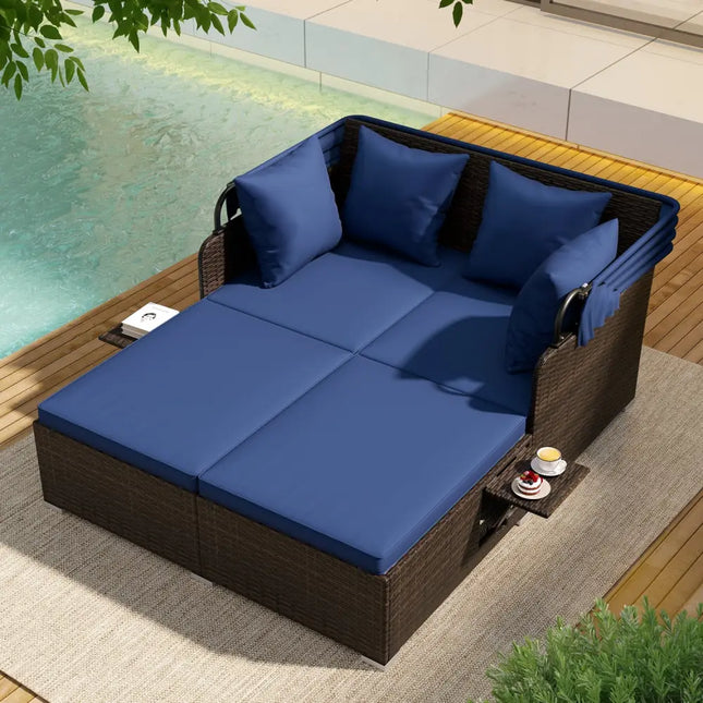 Outdoor Patio Rattan Daybed with Retractable Canopy and Side Tables-Navy - Navy - Outdoor Sectionals