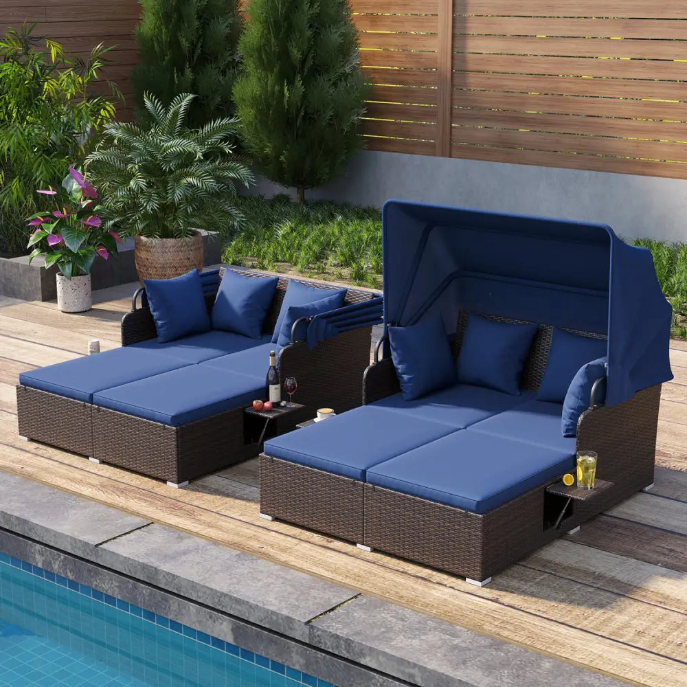 Outdoor Patio Rattan Daybed with Retractable Canopy and Side Tables-Navy - Navy - Outdoor Sectionals