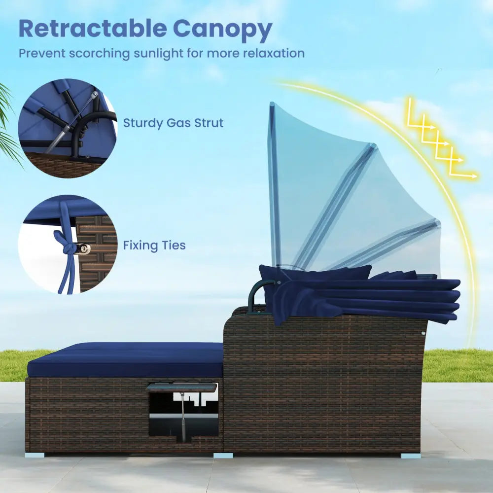 Outdoor Patio Rattan Daybed with Retractable Canopy and Side Tables-Navy - Navy - Outdoor Sectionals