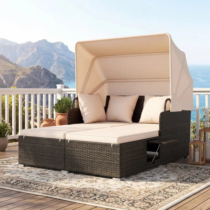 Outdoor Patio Rattan Daybed with Retractable Canopy and Side Tables-Beige - Beige - Outdoor Sectionals
