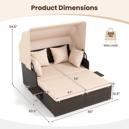 Outdoor Patio Rattan Daybed with Retractable Canopy and Side Tables-Beige - Beige - Outdoor Sectionals