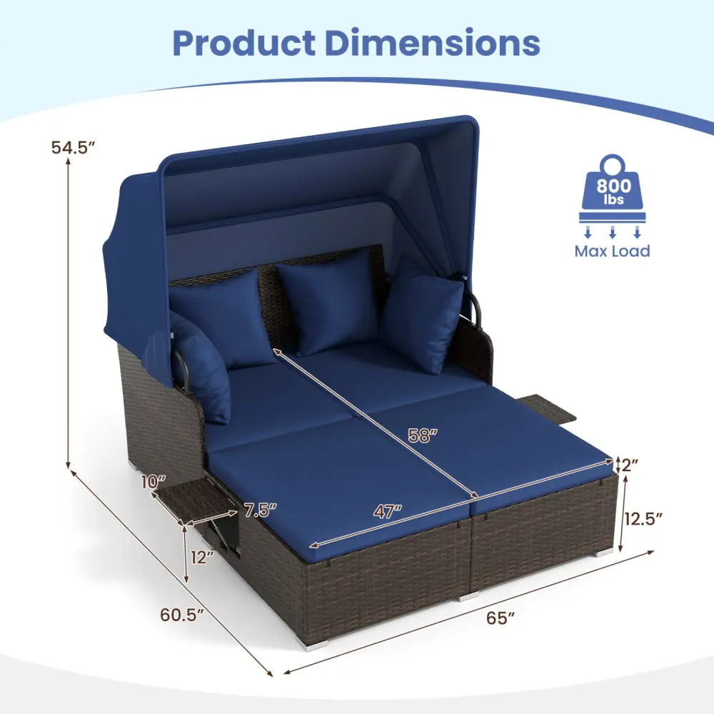 Outdoor Patio Rattan Daybed with Retractable Canopy and Side Tables-Navy - Navy - Outdoor Sectionals