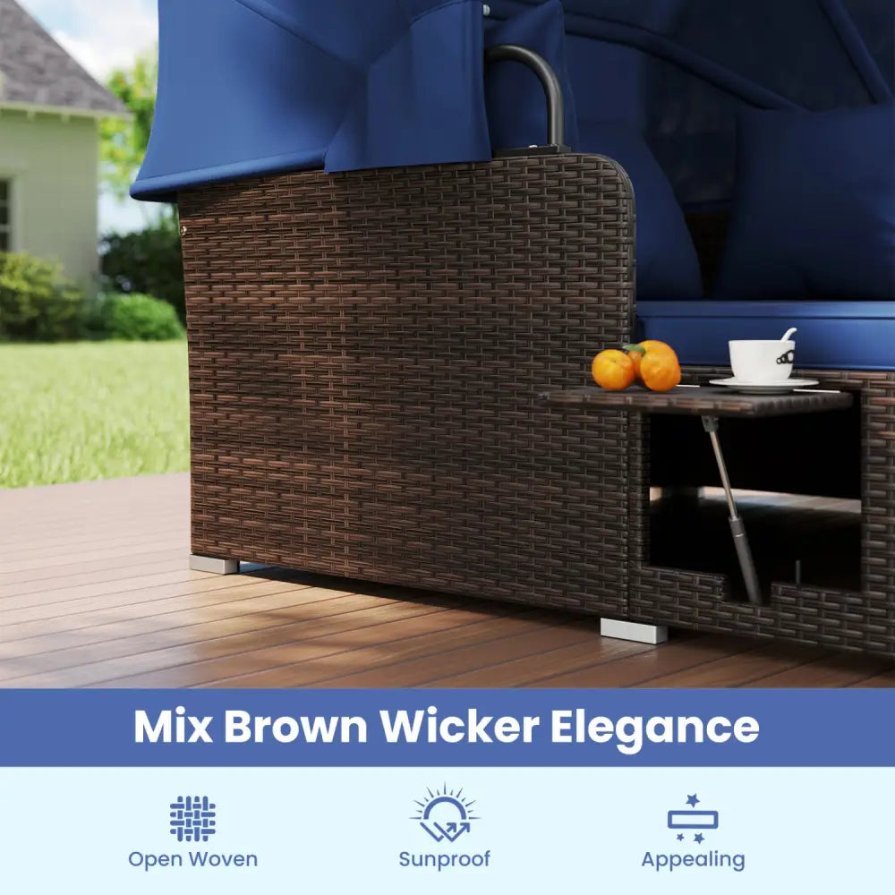 Outdoor Patio Rattan Daybed with Retractable Canopy and Side Tables-Navy - Navy - Outdoor Sectionals